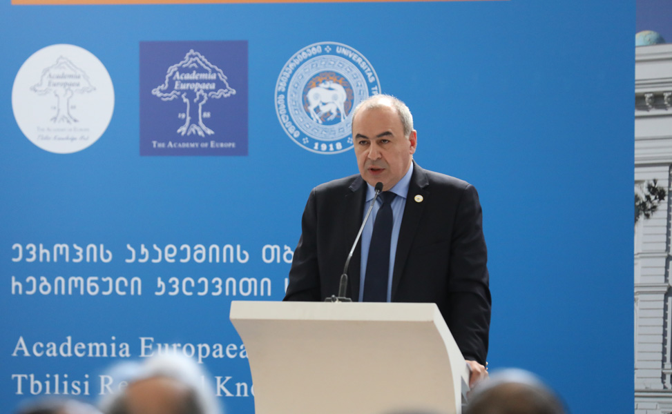 Prof. George Sharvashidze, the Rector of TSU, MAE and the member of the AE TKH Scientific Board, addressing the AE Board members, delegation, representatives of Georgian authorities, Academia, the diplomatic corps and the whole audience during welcome speech on the AE Tbilisi Knowledge Hub opening ceremony at TSU Prof. George Sharvashidze, the Rector of TSU, MAE and the member of the AE TKH Scientific Board, addressing the AE Board members, delegation, representatives of Georgian authorities, Academia, the diplomatic corps and the whole audience during welcome speech on the AE Tbilisi Knowledge Hub opening ceremony at TSU